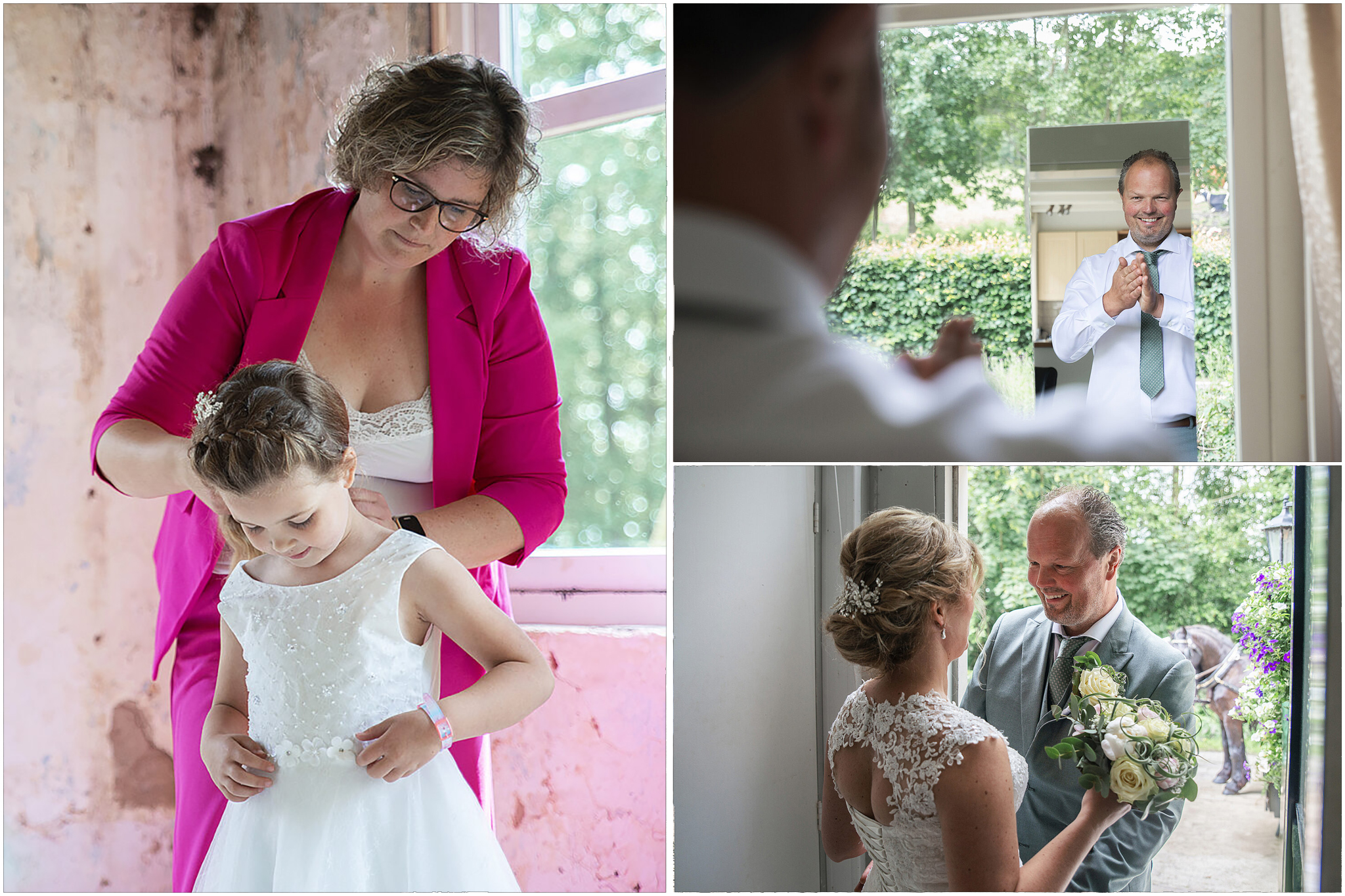Voorbereidingen en first look tijdens een bruiloft Een collage van drie foto’s toont intieme momenten tijdens de voorbereidingen van een bruiloft. Op de grote foto links helpt een vrouw met een roze blazer een jong meisje in een witte jurk met het netjes maken van haar haar en kleding bij een raam met zacht daglicht. Op de foto rechtsboven kijkt een man in een spiegel terwijl hij glimlachend in zijn handen klapt, zichtbaar blij en ontroerd. Op de foto rechtsonder staan een bruid en bruidegom bij een open deur tegenover elkaar. De bruid draagt een witte jurk met kant en houdt een boeket bloemen vast, terwijl de bruidegom in een lichtgroen pak naar haar glimlacht. Buiten is een groene tuin zichtbaar.
