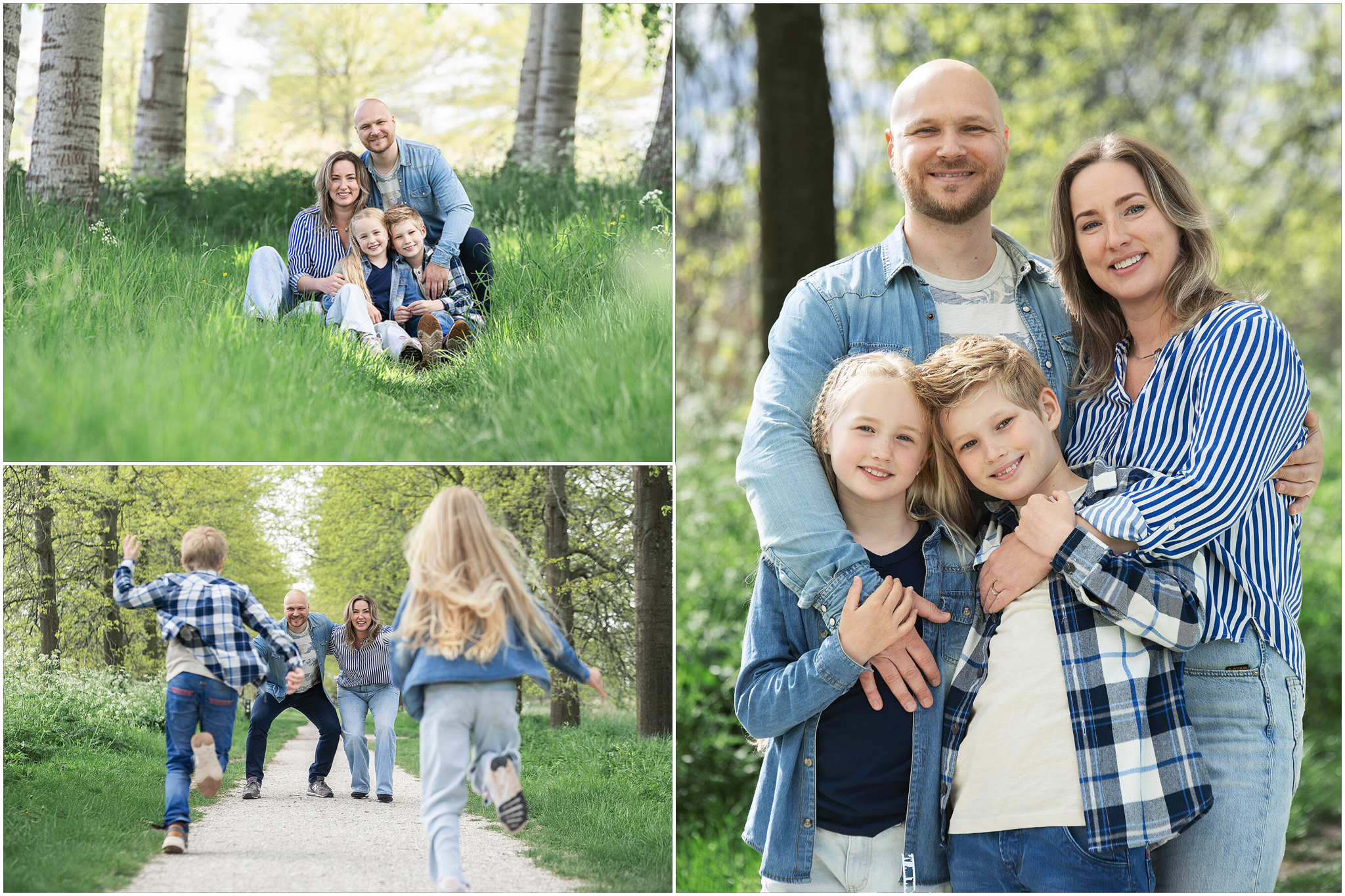 Een collage van drie foto’s toont een gezin van vier tijdens een ontspannen fotoshoot in een groene, bosrijke omgeving. Op de foto linksboven zit het gezin samen in het hoge gras tussen bomen, dicht tegen elkaar aan terwijl ze lachen naar de camera. Op de grote foto rechts staan de ouders met hun twee kinderen voor zich, waarbij ze elkaar omarmen en allemaal vriendelijk glimlachen. Op de foto linksonder rennen de twee kinderen over een bospad naar hun ouders toe, die hen met open armen opwachten. Het gezin draagt casual kleding in blauwe en neutrale tinten, wat mooi past bij de frisse, natuurlijke omgeving met bomen en zacht voorjaarslicht.
