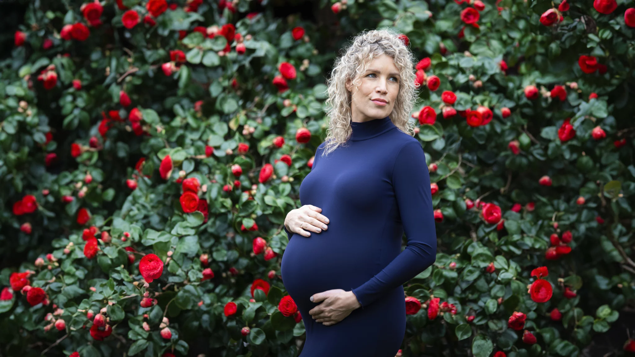 Een zwangere vrouw staat voor een achtergrond vol met groene bladeren en felrode bloemen. Ze draagt een nauwsluitende, donkerblauwe jurk met lange mouwen en houdt haar buik liefdevol vast. Haar blonde, krullende haar valt los over haar schouders en ze kijkt met een serene uitdrukking in de verte. De contrasterende kleuren van de rode bloemen en haar blauwe jurk creëren een levendige en elegante sfeer.