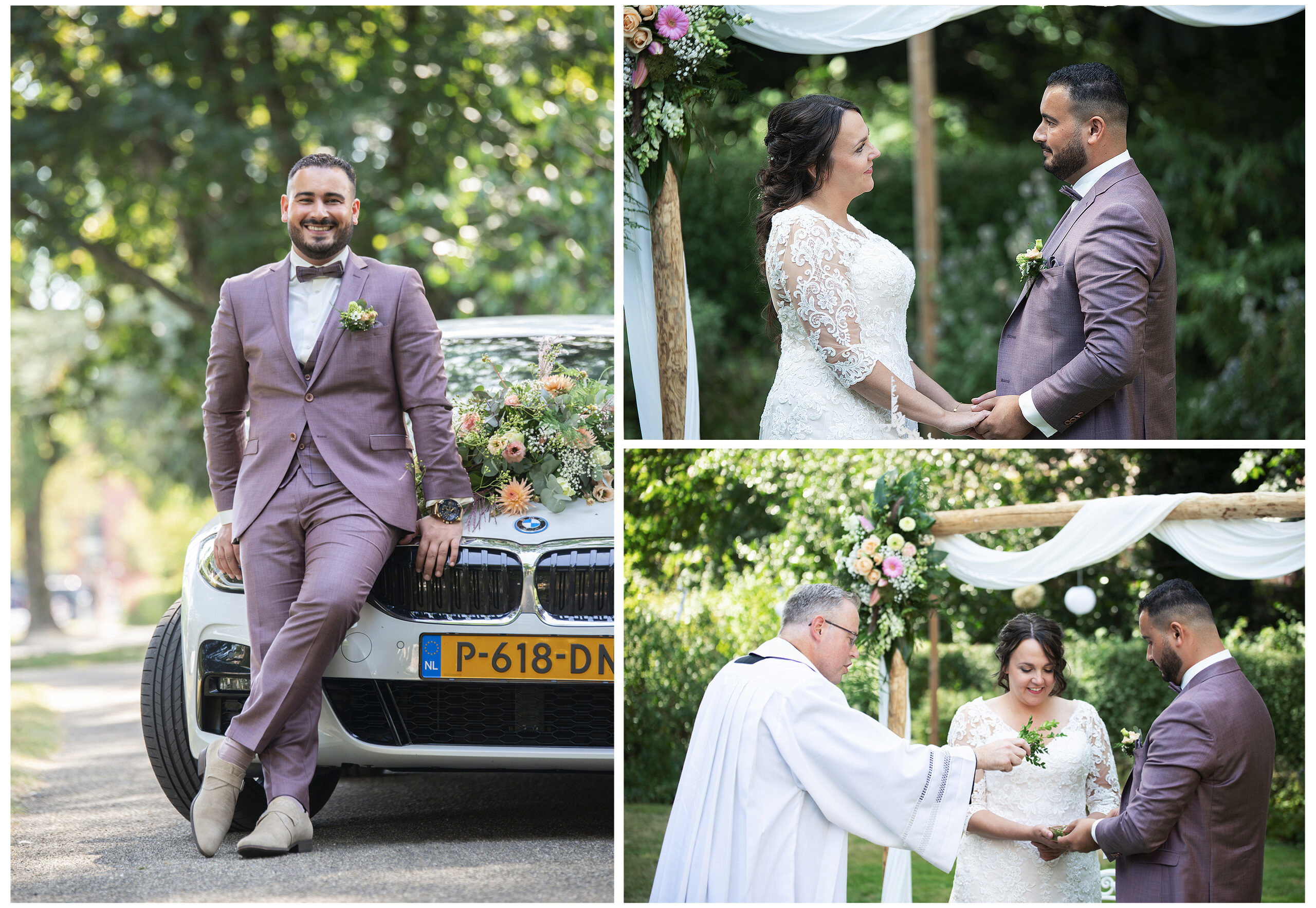 Trouwen in Leeuwarden Een collage van drie foto's toont een bruidspaar op hun huwelijksdag. De eerste foto links toont de bruidegom, gekleed in een lichtpaars pak met een witte blouse en een strik, leunend tegen een witte auto versierd met bloemen. De tweede foto rechtsboven toont het paar dat elkaar liefdevol elkaar aan kijkt, met de bruid in een witte kanten jurk en de bruidegom in zijn lichtpaarse pak. De derde foto rechtsonder toont het paar tijdens de huwelijksceremonie buiten, waar een priester een ritueel uitvoert onder een bloemenboog. De bruid en bruidegom kijken elkaar glimlachend aan terwijl ze elkaars handen vasthouden.